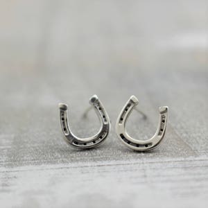 Sterling silver horseshoe stud earrings / cowgirl charm horseshoe earrings / gift for her / petite studs