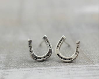 Sterling silver horseshoe stud earrings / cowgirl charm horseshoe earrings / gift for her / petite studs