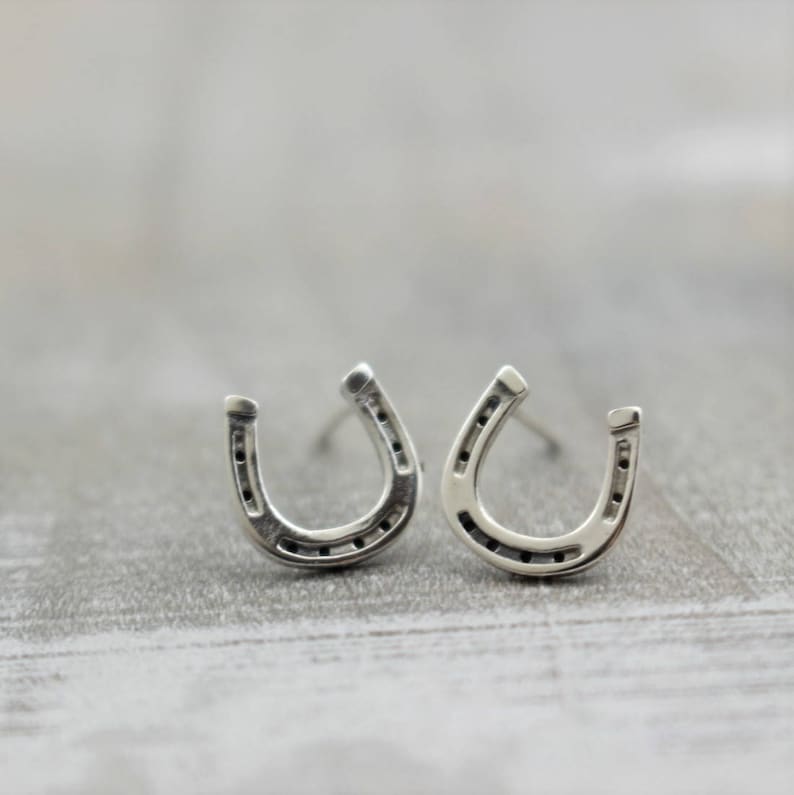 Sterling silver horseshoe stud earrings / cowgirl charm horseshoe earrings / gift for her / petite studs image 1