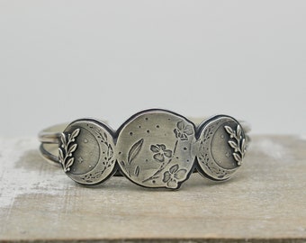 Sterling silver moon phase cuff bracelet / silver cuff / gift for her / jewelry sale
