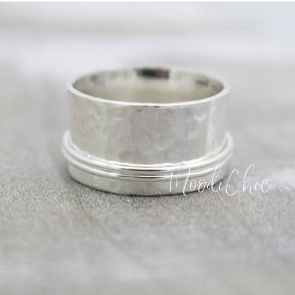 Anillo giratorio de banda ancha de plata esterlina martillada: joyería de meditación