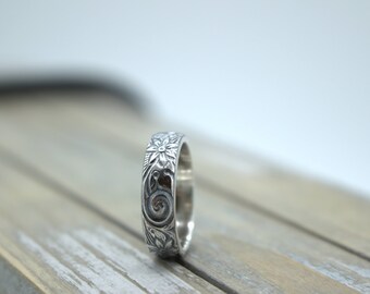 Rustic sterling silver floral ring band / patterned band / simple wedding ring / gift for her / jewelry sale