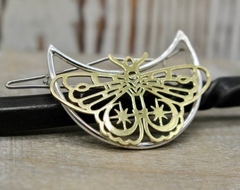 Sterling Silver Moon Barrette / Small Moon Brass Moth Shaped Barrette / Hair Accessories