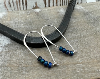 Sterling Silver Mood Bead Earrings / Minimalist Teardrop  Hoops / Color Changing Beads / Beaded Hoops / Gift for her