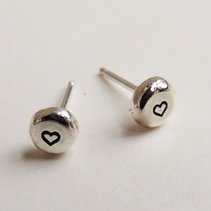Small silver studs - stud earrings - heart earrings - stamped studs - recycled stud earrings