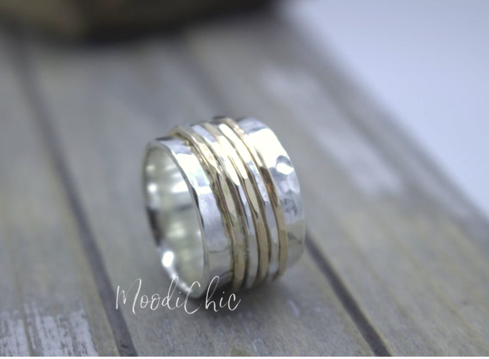 Sterling Silver Gold Filled Spinner Ring - Wide Band Fidget Ring - Etsy