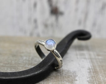 Rainbow Moonstone Ring / Handstamped moon and stars ring band / sterling silver ring / gift for her / moons and stars jewelry
