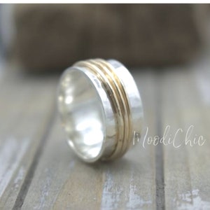 Silver Gold wide band Ring - Sterling Silver Meditation Ring - Gift for her - Spinner ring