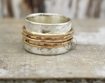 Gold Sterling Silver Wide Band Spinner ring - Worry Ring - gift for her - spinner ring - jewelry sale - woman's spinner ring