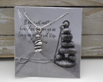 Sterling Silver Cairn Necklace / Gift for Outdoorsy Hiker / Nature Inspired / Rocks / Recycled  Custom Charm Necklace / Pebble Jewelry