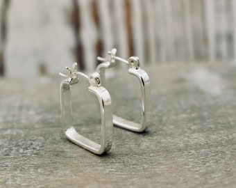 Tiny Sterling silver square hoop earrings - click latch hoop earrings - minimalist square hoops