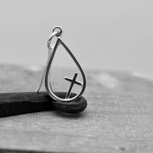 Petite Sterling Silver Cross Necklace: Teardrop Charm, Religious Jewelry