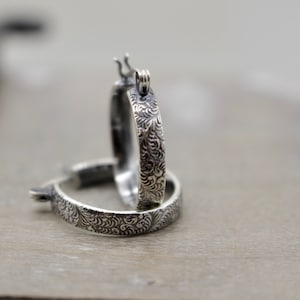 Petite floral silver hoop earrings - 3/4” silver latch hoops - gift for her - jewelry sale