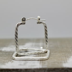 Patterned Sterling Silver Square Hoop Earrings: Geometric Click Latch