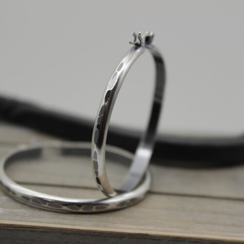 Large Hammered Sterling Silver Hoop Earrings: Rustic Click Latch Design