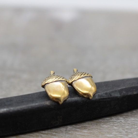 Acorn Brass Stud Earrings Brass Acorn with Sterling Silver Post