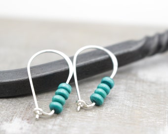 Turquoise sterling silver hoops / wooden beaded hoops / petite hoop earrings / womans jewelry / gift for her