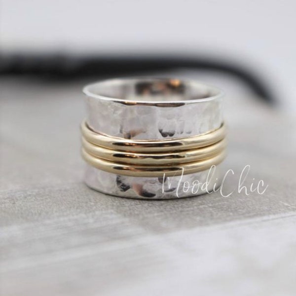 Sterling Silver Gold Spinner Ring - Gold Silver Fidget Ring