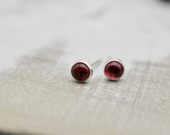 Red Garnet sterling silver stud earrings / gift for her / 4mm gemstone studs  / January birthstone earrings / tiny earrings for women