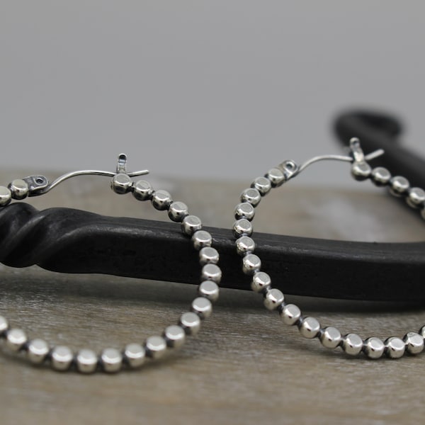 Flat Beaded Hoop Earrings / Sterling silver rustic hoop earrings /  one inch hoops / gift for her /  boho hoop earrings