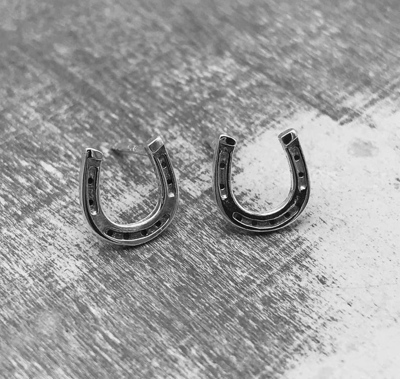 Sterling silver horseshoe stud earrings / cowgirl charm horseshoe earrings / gift for her / petite studs image 5