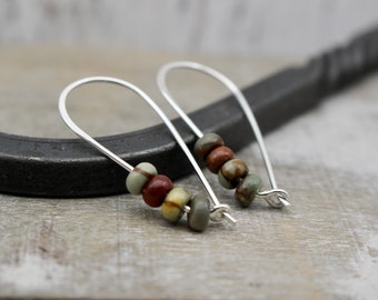 Red Creek Jasper Sterling Silver Hoop Earrings / Beaded Hoops / Gift for Het