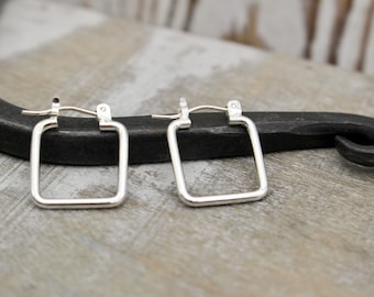 Smooth petite square sterling silver hoops - silver click latch hoops - square hoops - petite earrings - silver jewelry