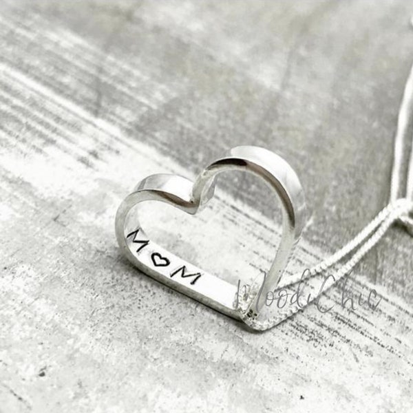 Hand stamped heart necklace - Sterling Silver Heart Charm - Personalized gift for mom / gift for mom