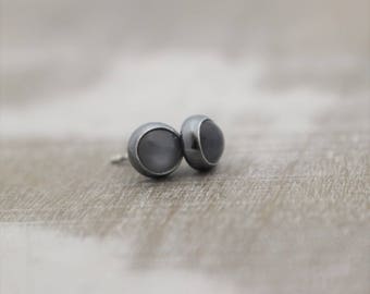 Oxidized Sterling Silver Gray Moonstone Stud Earrings (6mm)