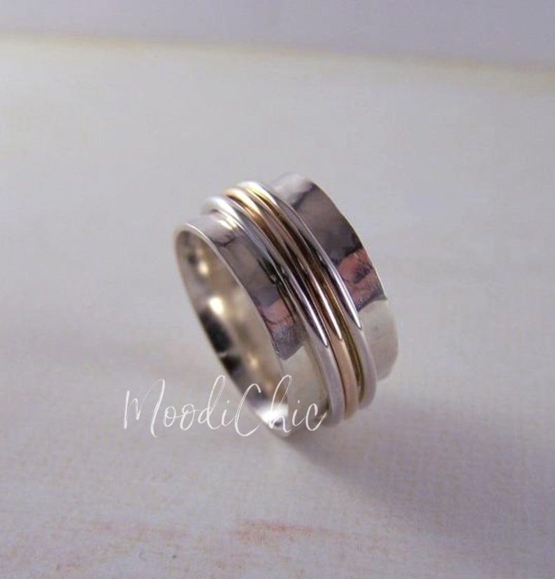 Gold Sterling Silver spinner ring Silver Handmade Spinner Ring wide band wedding band for modern bride image 1