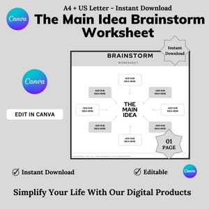 Plantilla de lluvia de ideas, plantilla de ideas principales para la resolución de problemas, hoja de trabajo de mapas mentales, herramientas de lluvia de ideas en equipo, hoja de trabajo de planificación de estrategias