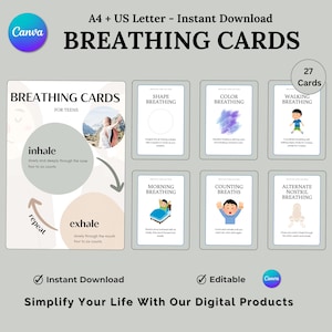 Tarjetas con ejercicios de respiración, tarjetas con afirmaciones de respiración profunda, técnicas para aliviar el estrés, tarjetas de meditación consciente, tarjetas digitales imprimibles