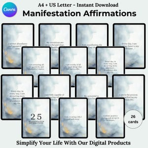 Manifestation Affirmations, Daily Positive Affirmations Manifesting Cards, Printable Law of Attraction Affirmation Cards for Success