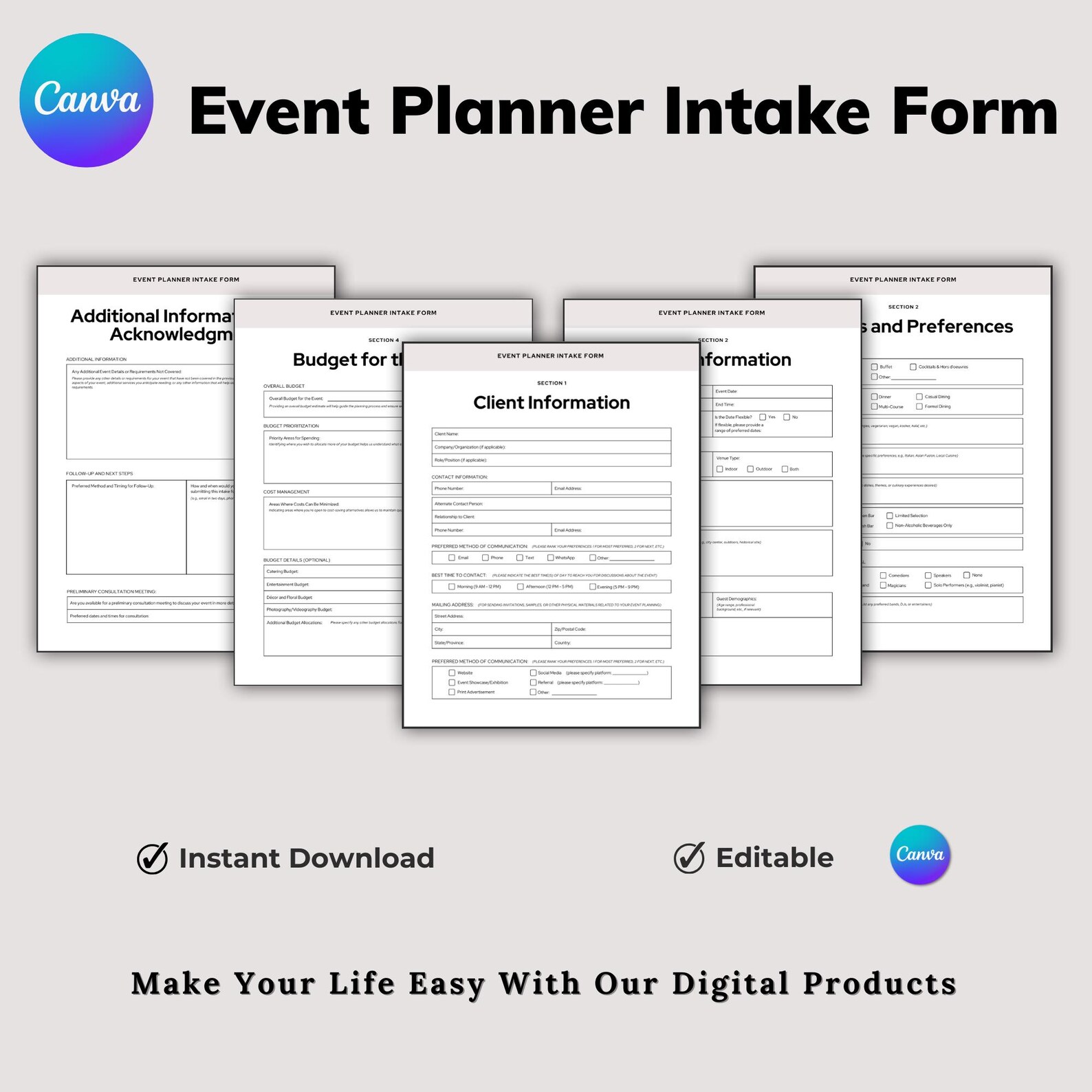 Event Intake Form Examples Event Planner Intake Form, Party Planning Intake Form, Event ...