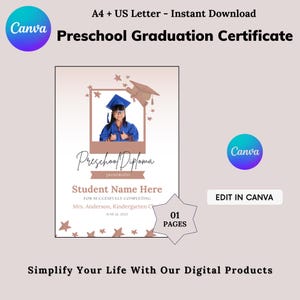 Preschool Graduation Certificate, Preschool Diploma Template, End of Year Certificate, Graduation Keepsake for Kids, Digital Download