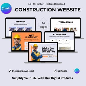 Website Builder, Construction Website,  Modern Custom Business Website,  Editable Template for Construction Project, Instant Download