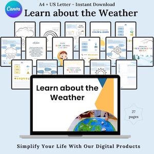 Suivi de l'apprentissage météo, carte météo hebdomadaire pour l'école à la maison, suivi des nuages d'orage, pages à colorier météo, téléchargement immédiat
