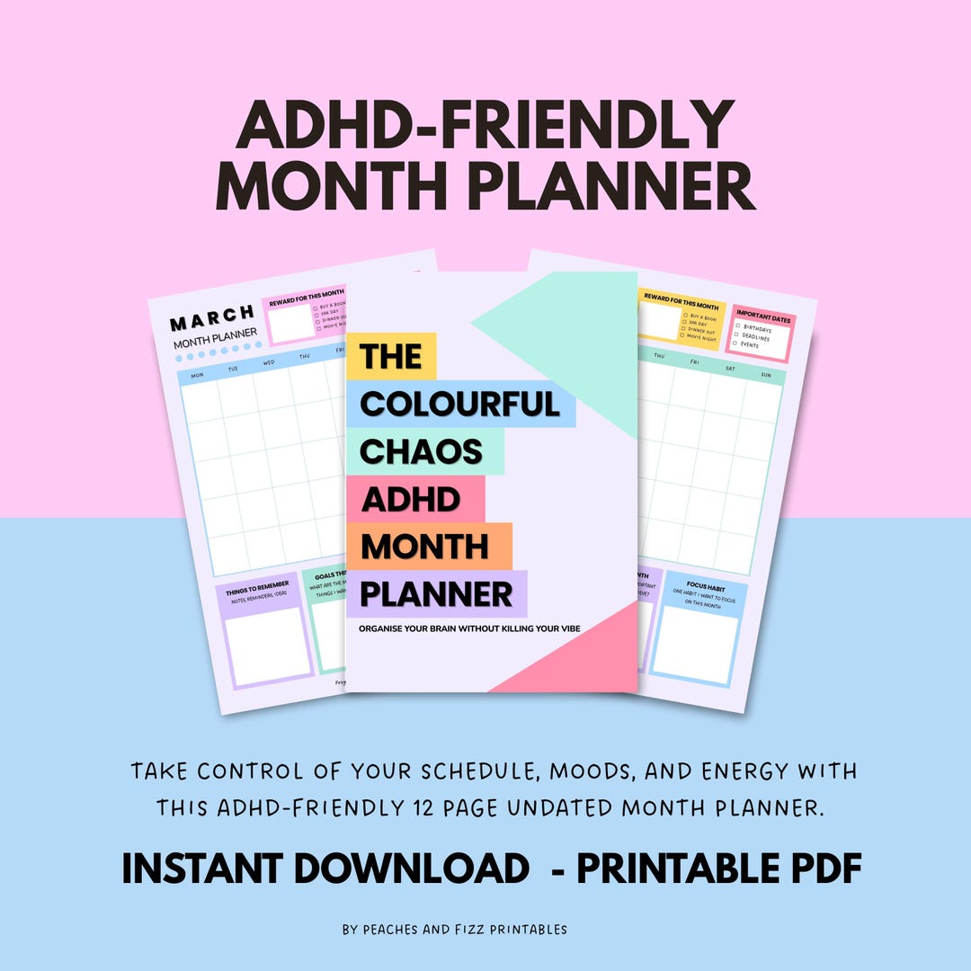 ADHD Monthly Planner Printable | Undated 12 Month Planner | Colourful ...