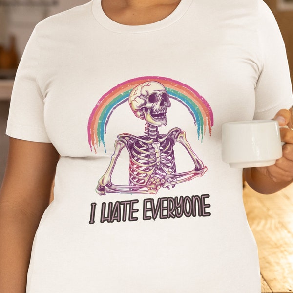 I Hate Everyone Skeleton T Shirt Rainbow Skeleton Crewneck Colorful Skull Design Top Sarcastic Graphic Shirt Skeleton Attitude Tee Halloween