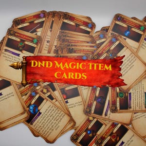 May include: A pile of D&D Magic Item Cards, with a red banner reading "DND MAGIC ITEM CARDS". The cards have a vintage aesthetic, with brown and gold detailing, and feature descriptions of various magical items.