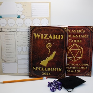 May include: A selection of tabletop role-playing game accessories. Includes a spiral-bound "Wizard Spellbook 2024", a "Player's Quickstart Guide", character sheets, a pencil, and a set of purple dice. The books have a brown leather-like cover.