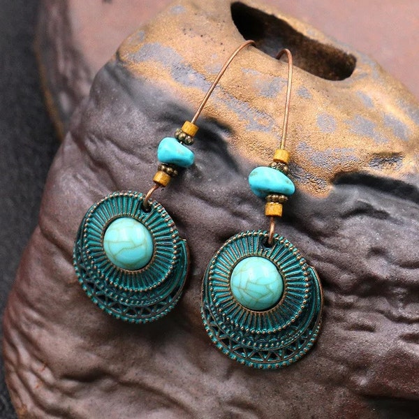 Vintage Bohemian Dangle Drop Hook Earrings With Statement Turquoise For Women Fashion Jewelry