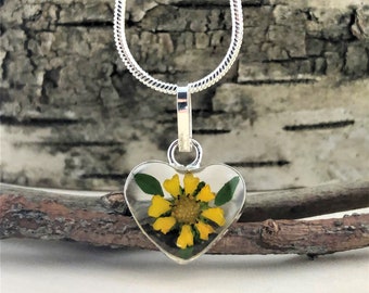 Sunflower Necklace, Sunflower Mini Heart Necklace, Real Sunflower Necklace, Sterling Silver Sunflower Charm, Pressed Flowers Necklace