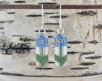 Pressed Forget me not Earrings, Sterling Silver Blue Dangle Earrings, Miniature Real Blue Flowers