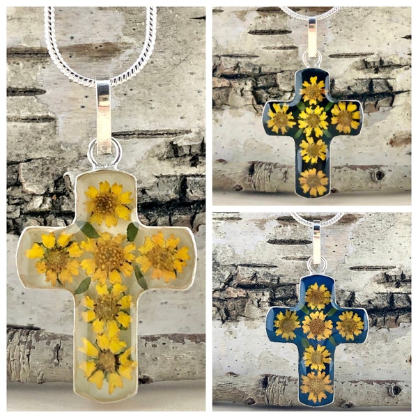 Sunflower Cross, Sunflower Necklace, Sunflower Silver Pendant, Sunflower Cross Pendant, Pressed Flowers Necklace