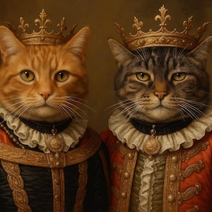 Custom Multiple Pet Portrait Painting Canvas, Renaissance Cat Portrait from Photo, Royal Pet King Portrait Painting Digital Art Portrait Art