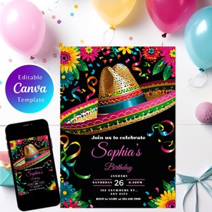 Convite de festa de aniversário Fiesta, tema de festa mexicana, convite de tema mexicano, convite de festa de festa editável, convite de festa, FI08