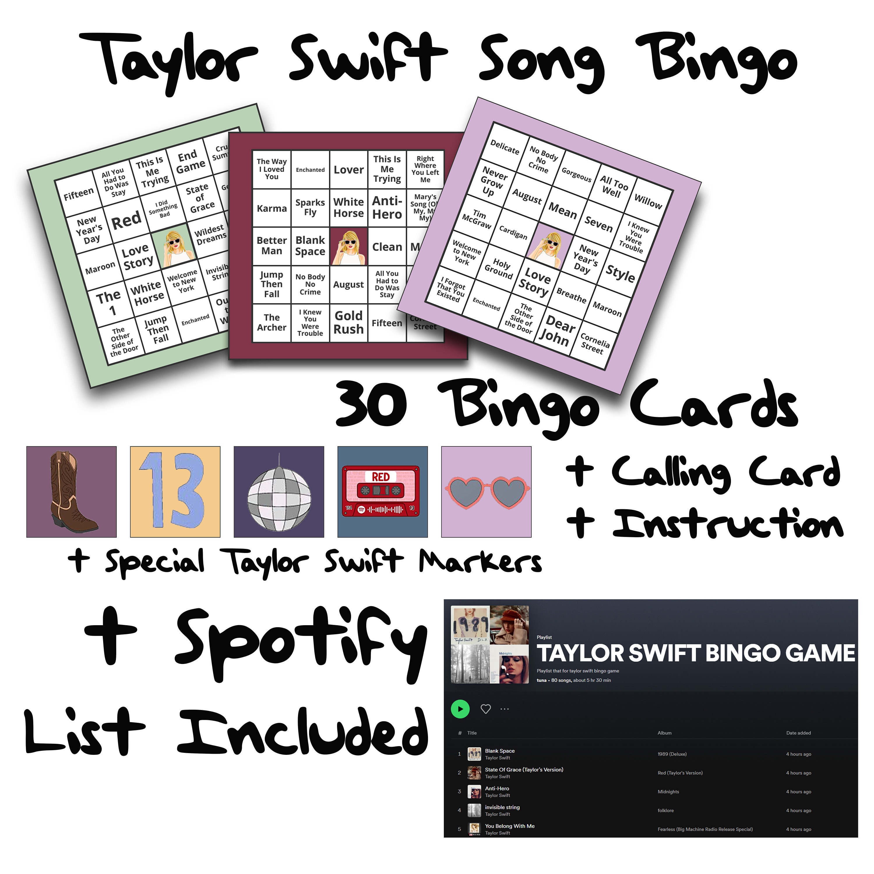 Music Bingo Taylor's Version | T Swift Bingo With Playlist | Teen Swift Party Printable Games | Musical Journey Through Taylor's Hits