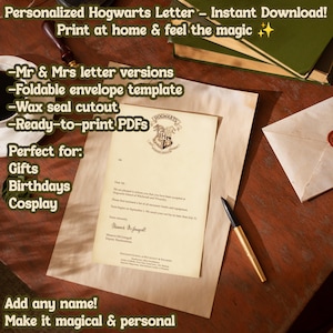 Carta de admisión a Hogwarts imprimible (versión para Sr. y Sra. + sobre y sello DIY) - Carta de mago editable - Descarga instantánea en PDF