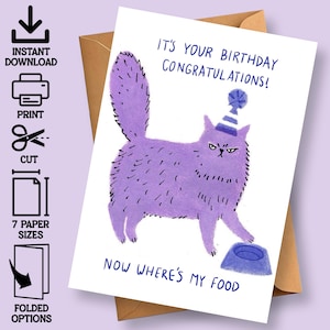 Carte d'anniversaire drôle de chat - Joyeux anniversaire, maintenant où est ma nourriture ? – Carte imprimable pour amoureux des animaux de compagnie – Enveloppe pliée ou plate à monter soi-même – Téléchargement instantané